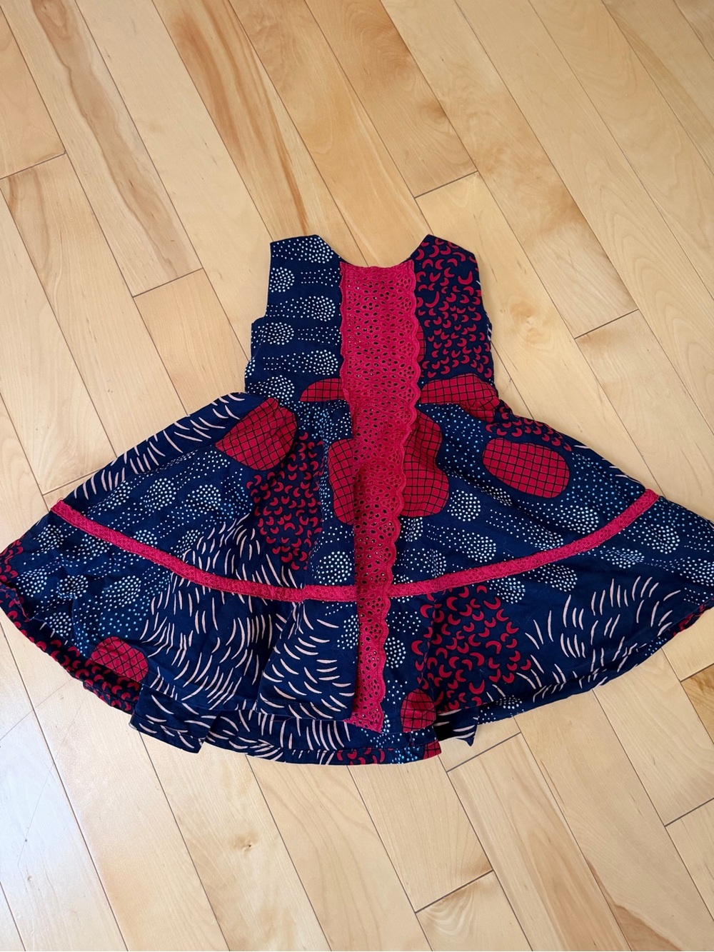 Handmade Girls 4T 5T Dress Navy Red Geometric Print Eyelet Lace